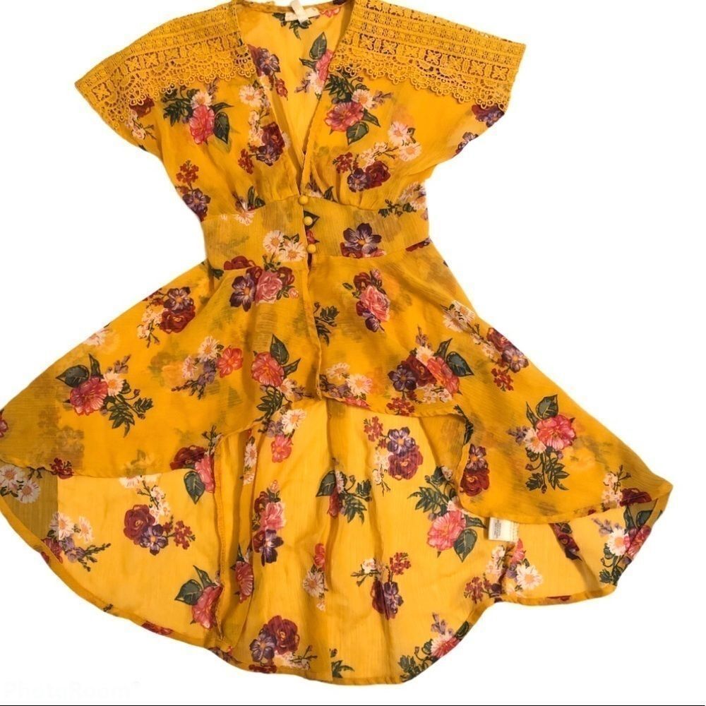 Yellow lace trim gauze muslin boho floral kimono cover up girls S